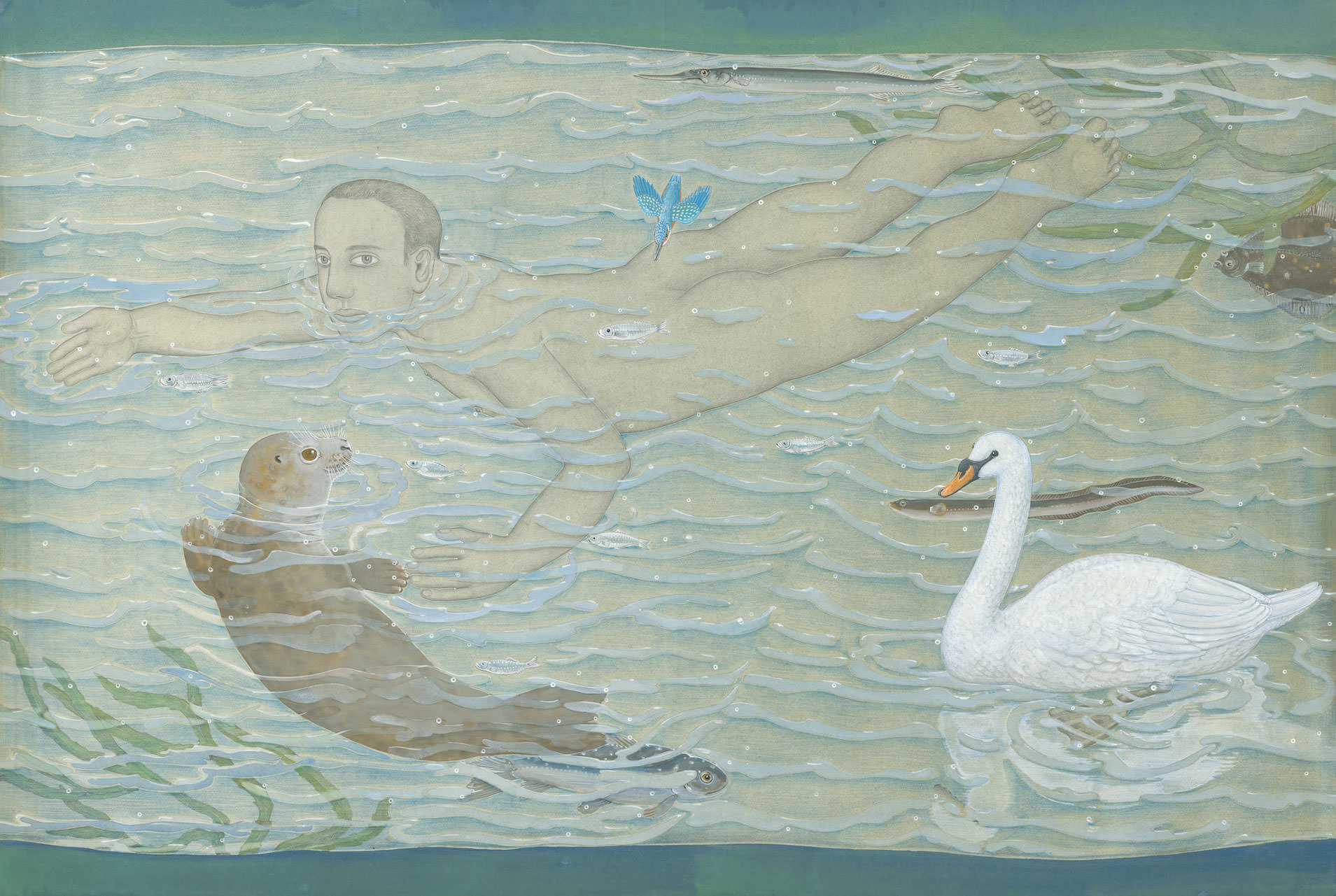 Adam zwemt, 2019, gouache en potlood op papier, 102 x 152 cm. (ontwerptekening voor tapijt)