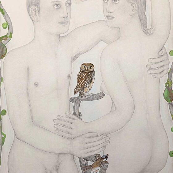 Vijg, uil, mus (Wijs en wulps), 2021, 76 x 57 cm., potlood en gouache op papier