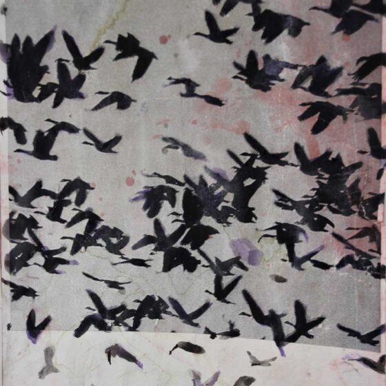 Vogels boven de Maas 2, gemengde techniek op papier, 21-29.5 cm.