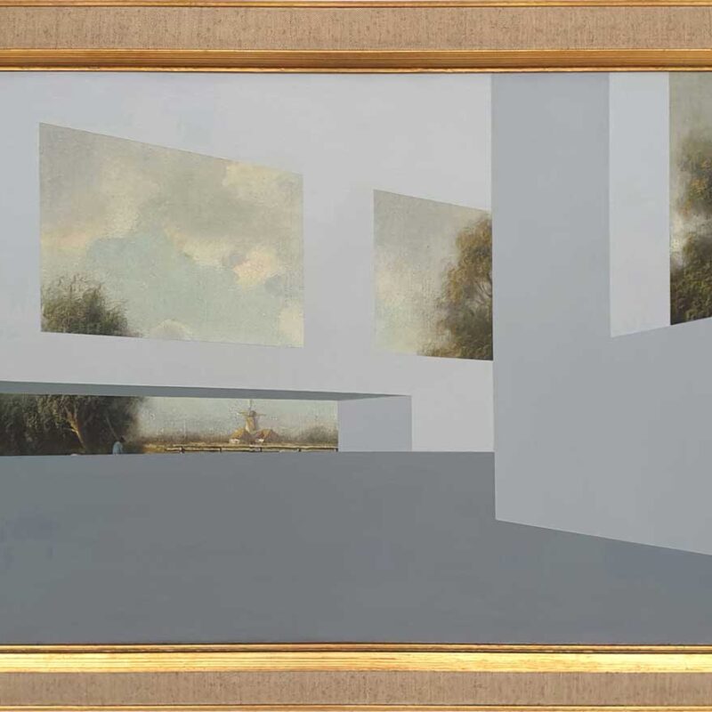 Galerie, 49 x 89 cm., acryl op oud olieverfschilderij, 2023