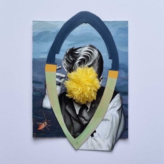 The Thinker, Collage, wol en acryl op papier, 27 x 35 cm., 2021