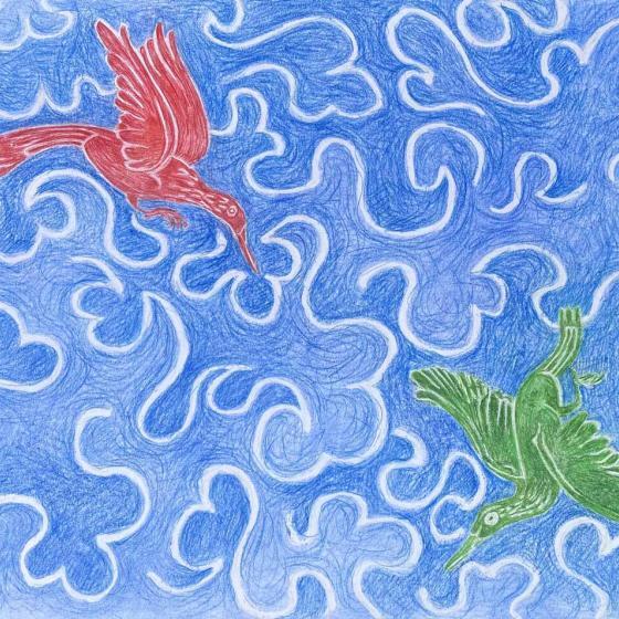 fabeldier, 27 x 34 cm., pastel en potlood op papier, 2023