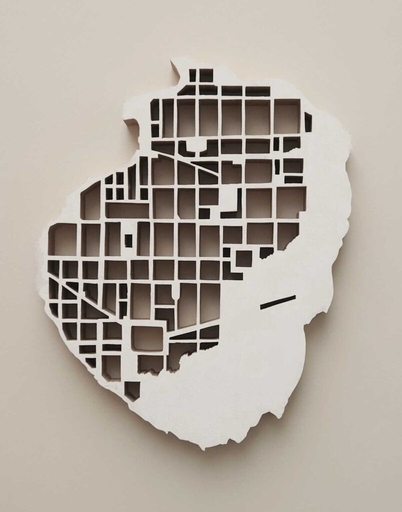 The City Inside My Heart, mdf / gesso, 34.5 x 27.5 cm.