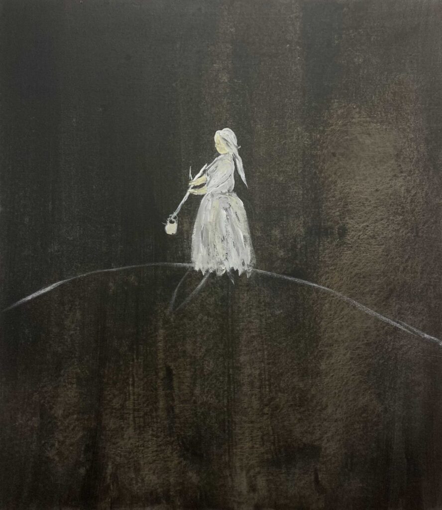 Balancing on the edge, 80 x 70 cm., 2024, acrylverf op katoen