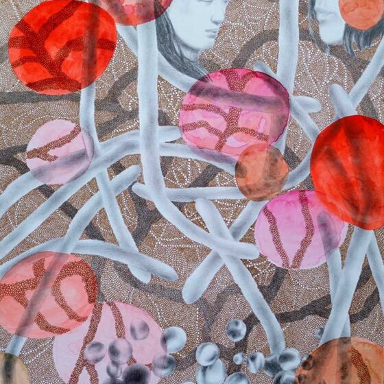 Listening to grandmother spider's string quartet, 2024, 70 x 50 cm., Potlood, inkt en aquarel op papier