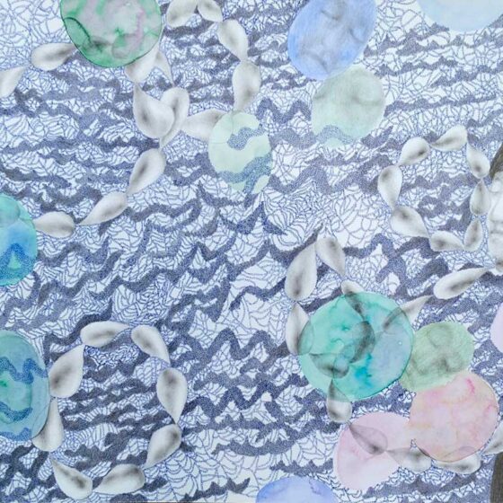 The opening of the egg (infinite-pearls), 2024, 50 x 70 cm., Potlood,inkt en aquarel op papier