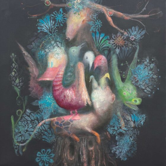 Harry Miedema, totem in blauw bos, 2025, 60 x 70 cm., tempera en olieverf op doek