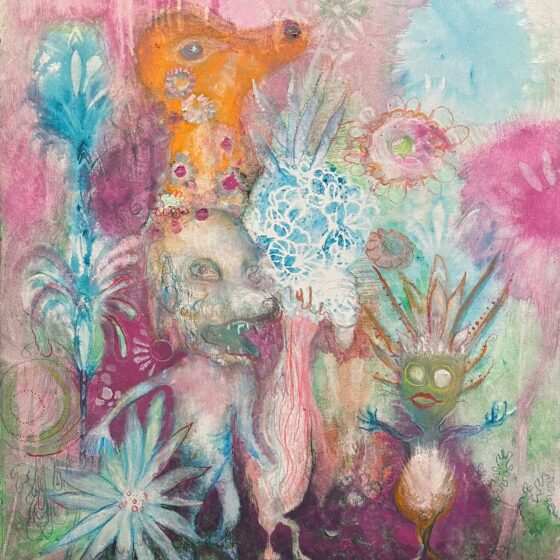 Hary Miedema, tuinwezens, 2024, 60 x 55 cm., mixedmedia op doek